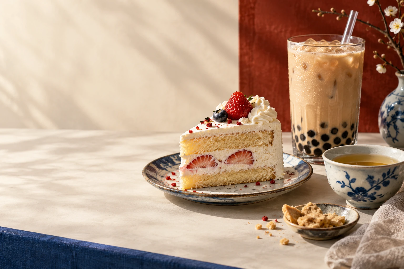 Illustrative still life of a berry cake slice, milk tea with tapioca pearls and a tea cup; not an exact Sweet Cake product photograph.